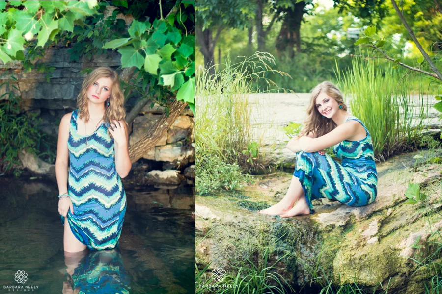 Beautiful senior girl at old grain mill waterfall