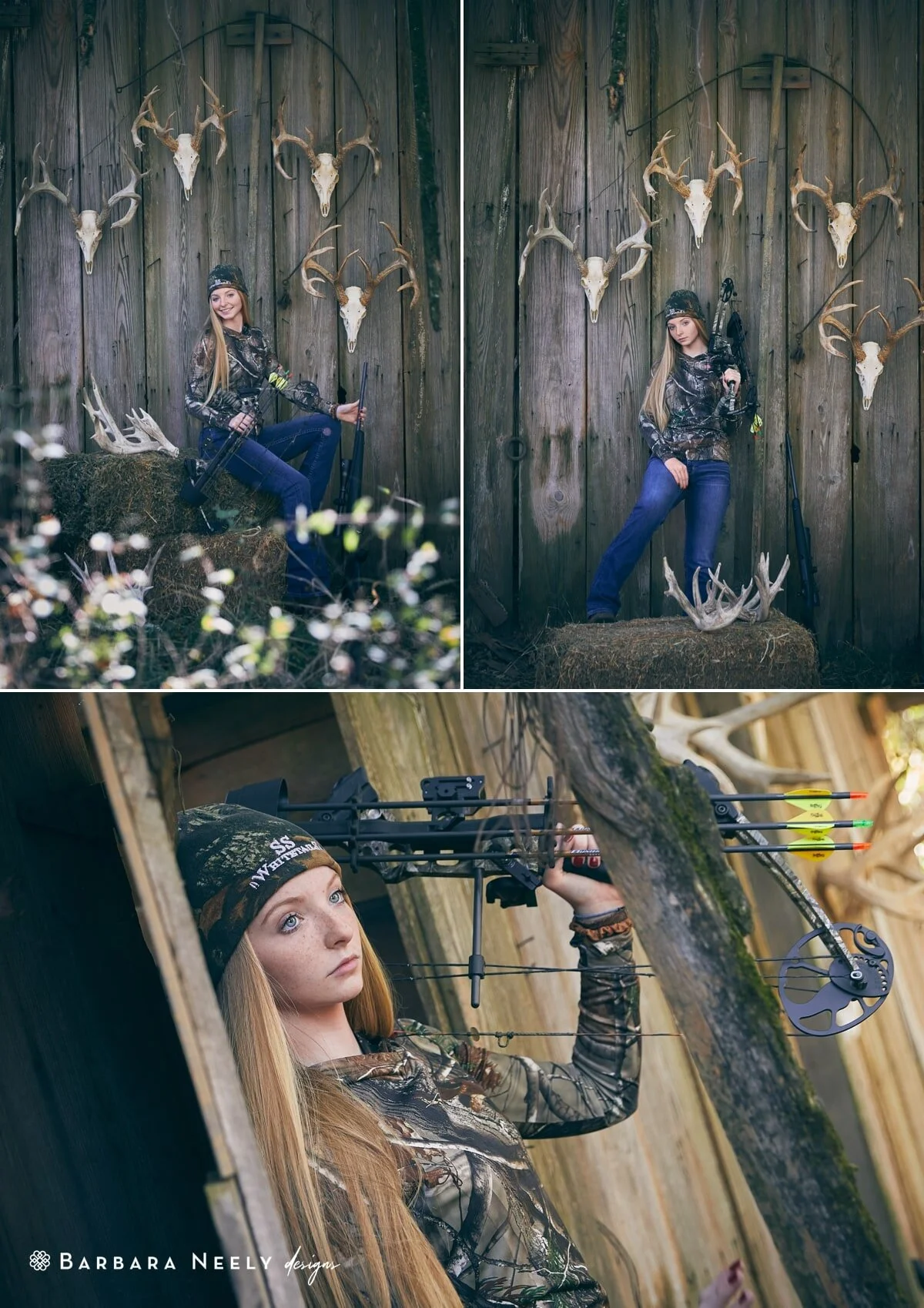 bow hunting senior pcitures at an old barn.jpg