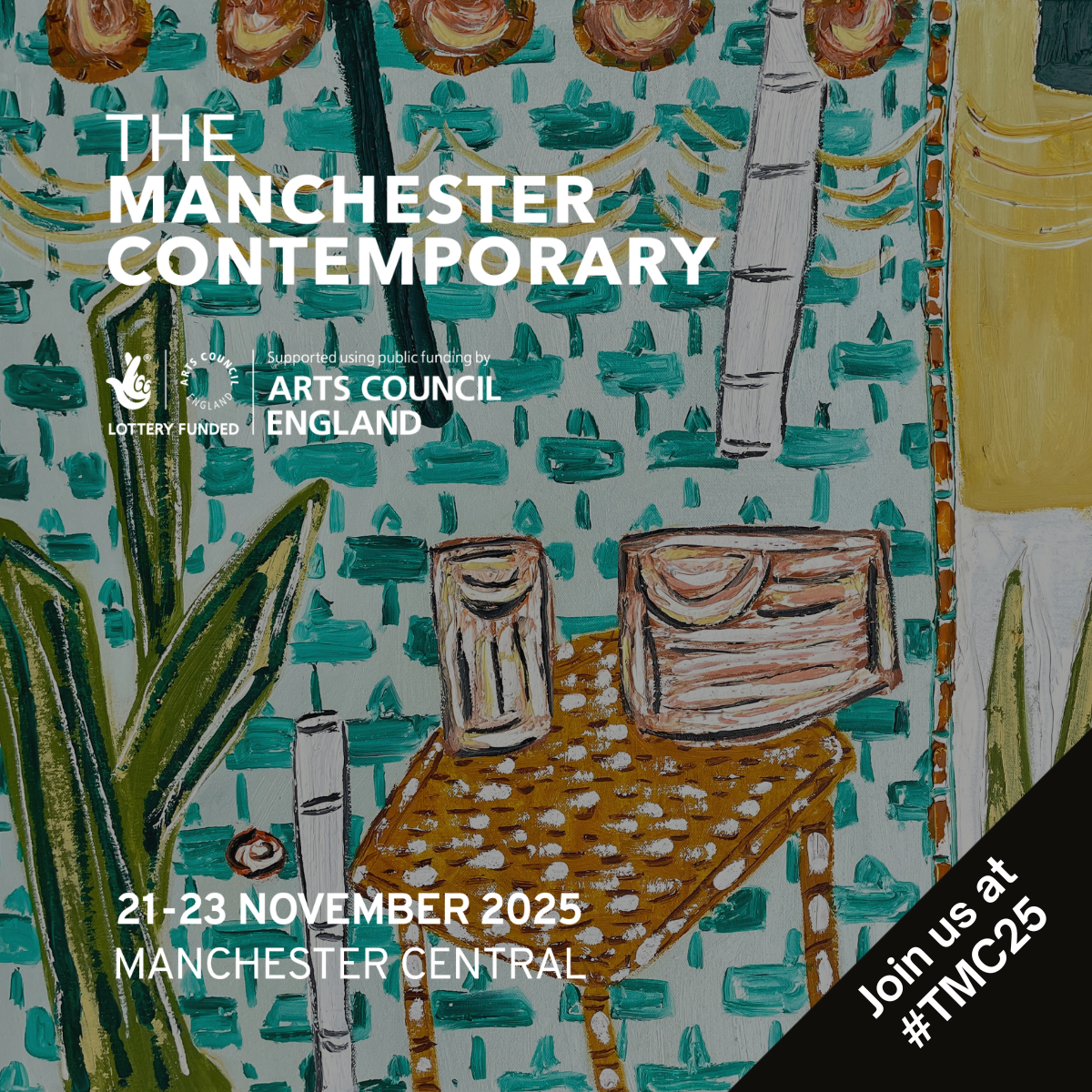 A painted illustration of an interior scene with a patterned wall, a large green plant, a small table, a potted plant, and decorative objects, advertising the Manchester Contemporary art event.