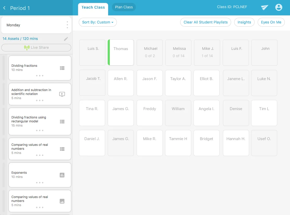 Because the app works in real time, students can join a teachers Playbook Classroom session and they appear in real time. Teachers can then drag and drop their Playlist lessons onto individual students or the entire class and watch them as they work their way through the lessons.