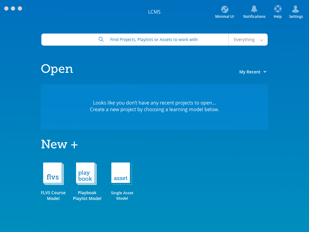 The start screen is the launchpad for all activity. Open a previous project, create a new one, or simply search for a project someone else is working on.