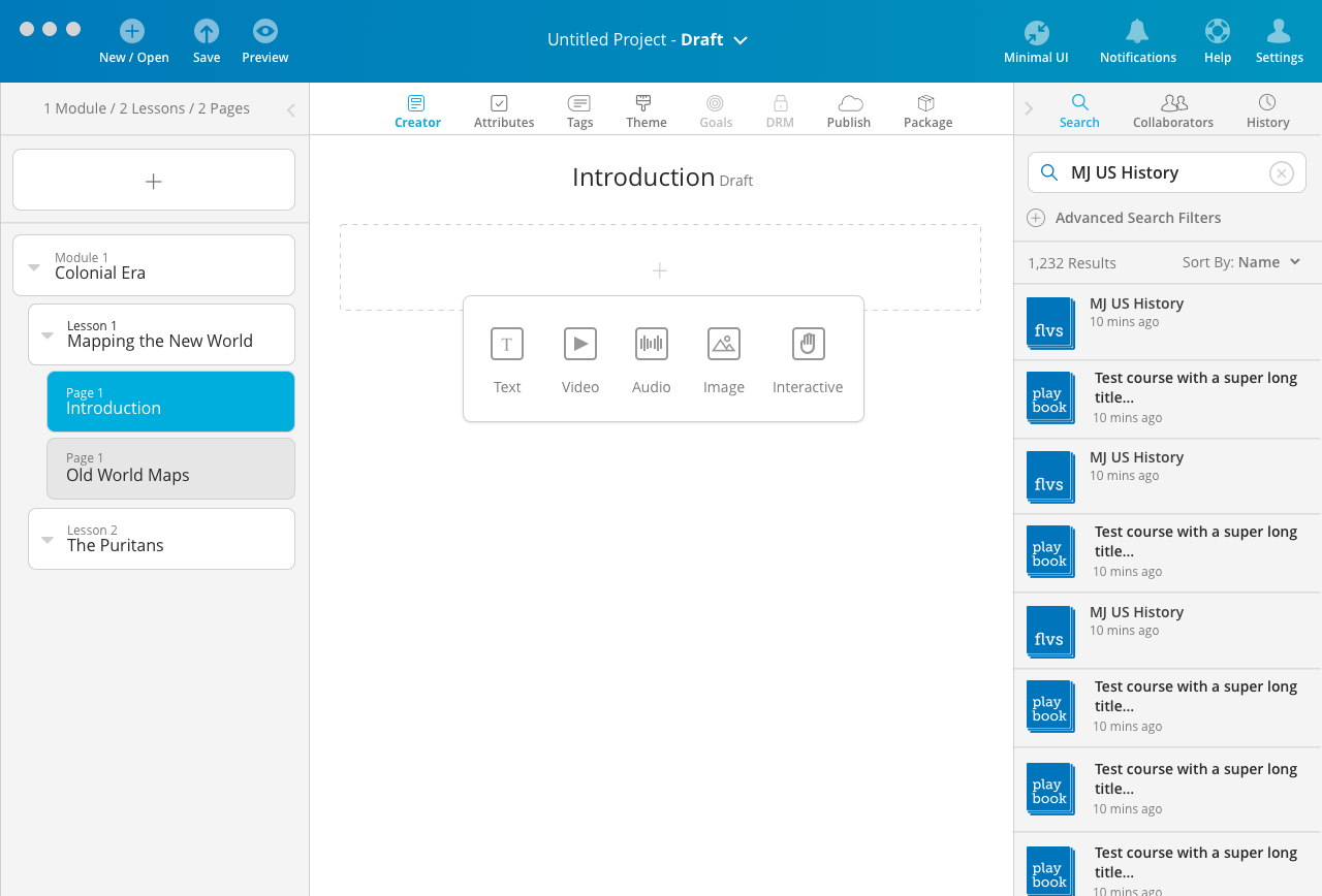 The Workspace allows creators to manage the project structure using nested drag and drop, create pages, search for existing content to add, collaborate with others and see a history of what's happened in the project.