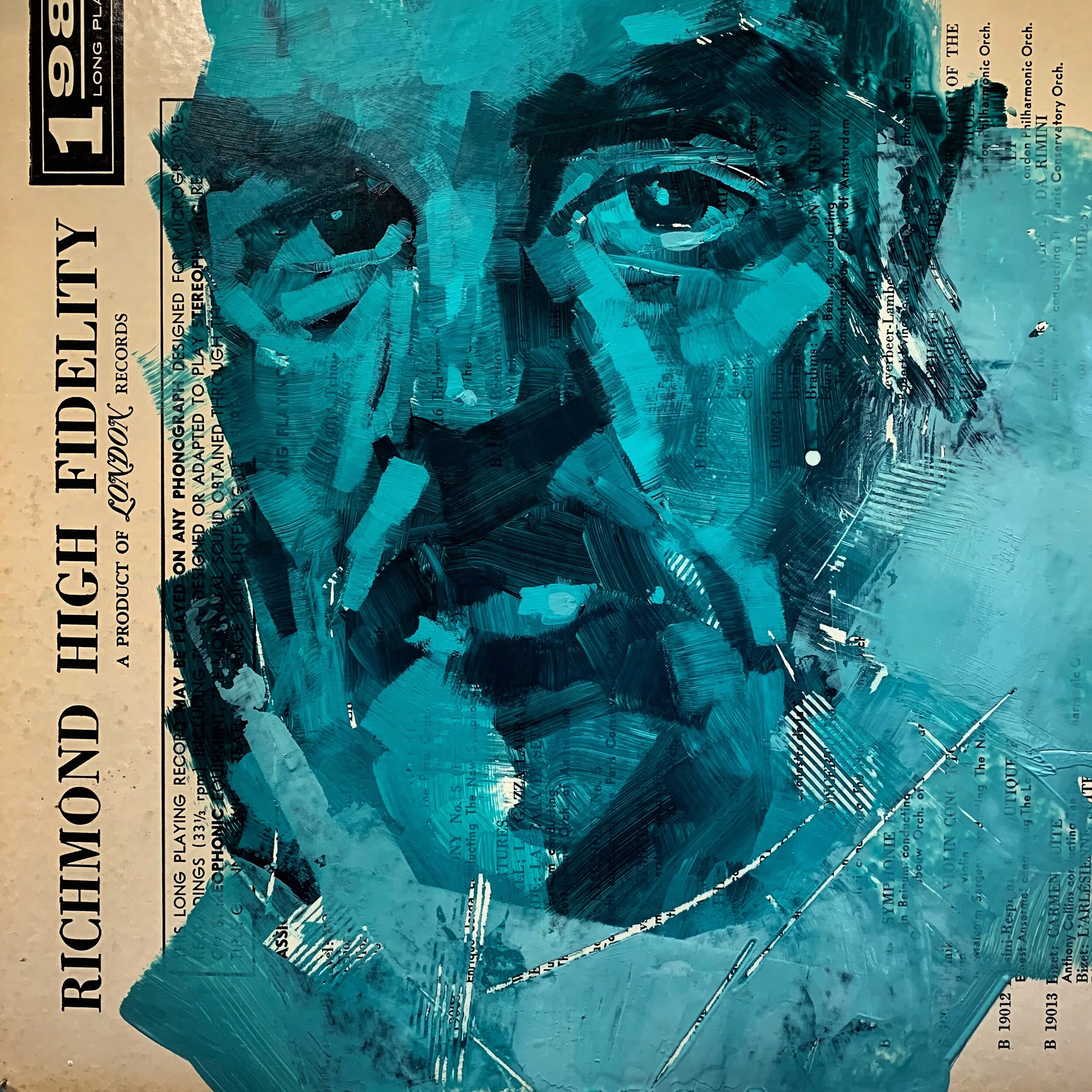 HIGH FIDELITY / acrylic on old album cover / 12 x 12 inches