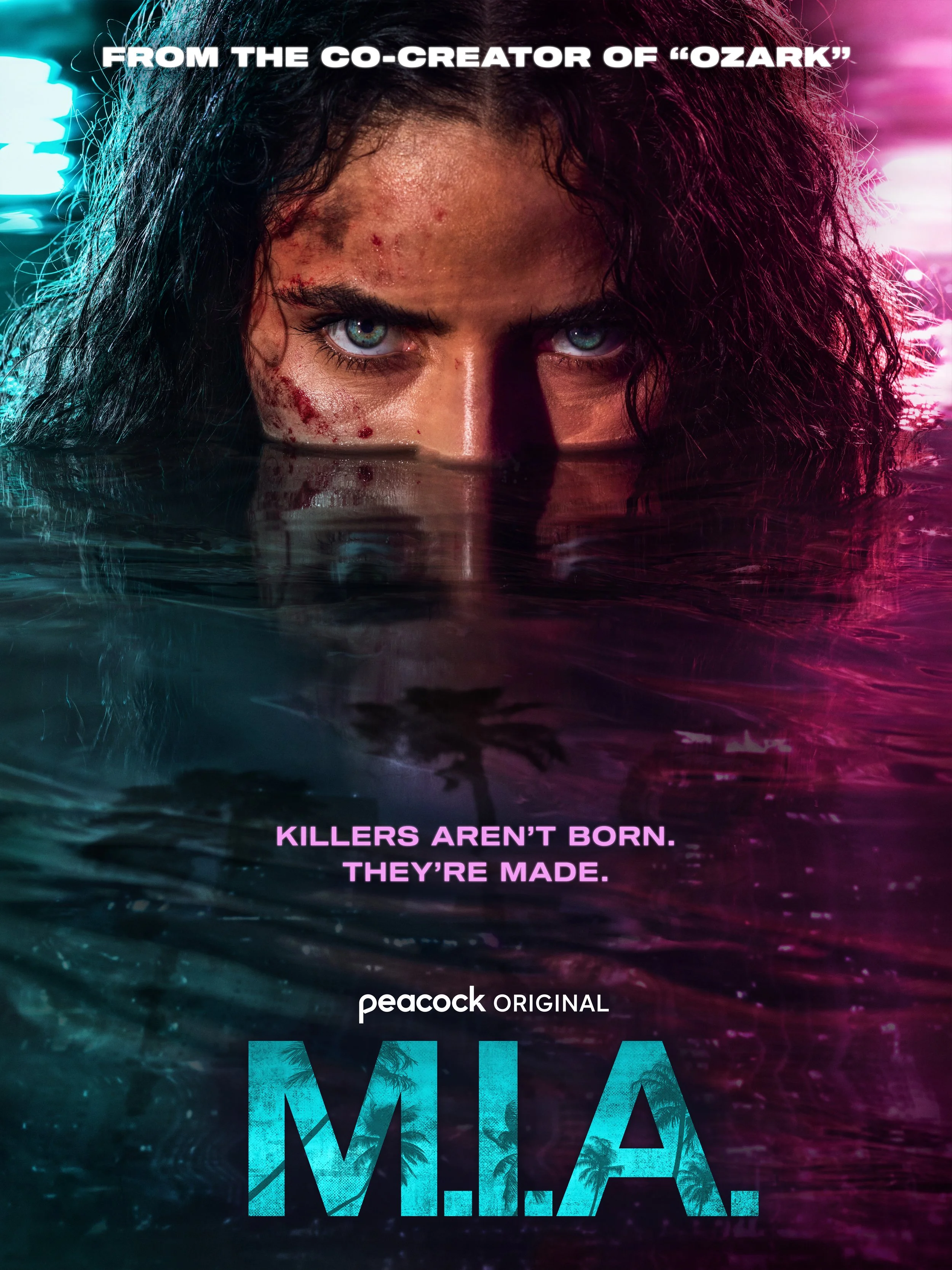   M.I.A.  is a crime drama series set in South Florida. Our main key art showcases our hero Etta as a gator-baiting badass with an intense, apex predator-like gaze.  The three character portraits crop in tight on our talent, focusing on emotion and p