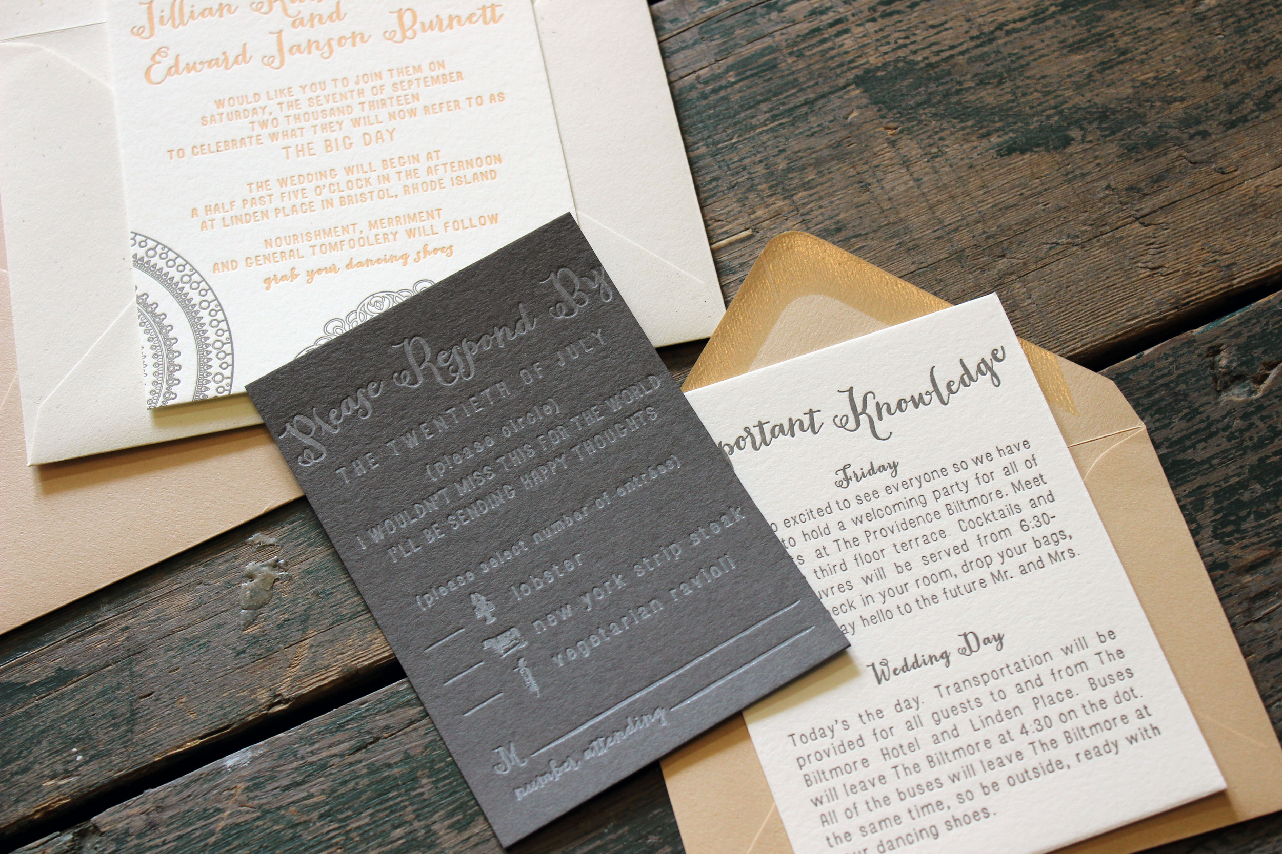 After Carrie and Taylor’s Style Me Pretty feature, my inbox was full of inquiries. Jillian and Edward’s stationery suite became one of the by products of that feature. Jillian had a vision of a delicate lace with a hint of a modern touch. The lace with the peach ink complimented the chalk-like ink on black paper. It was a mix of colors, both subtle and bold, that put this suite in this old favorites list.