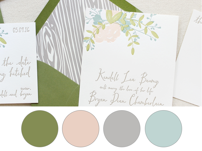 olive, pale pink, oatmeal grey, light blue