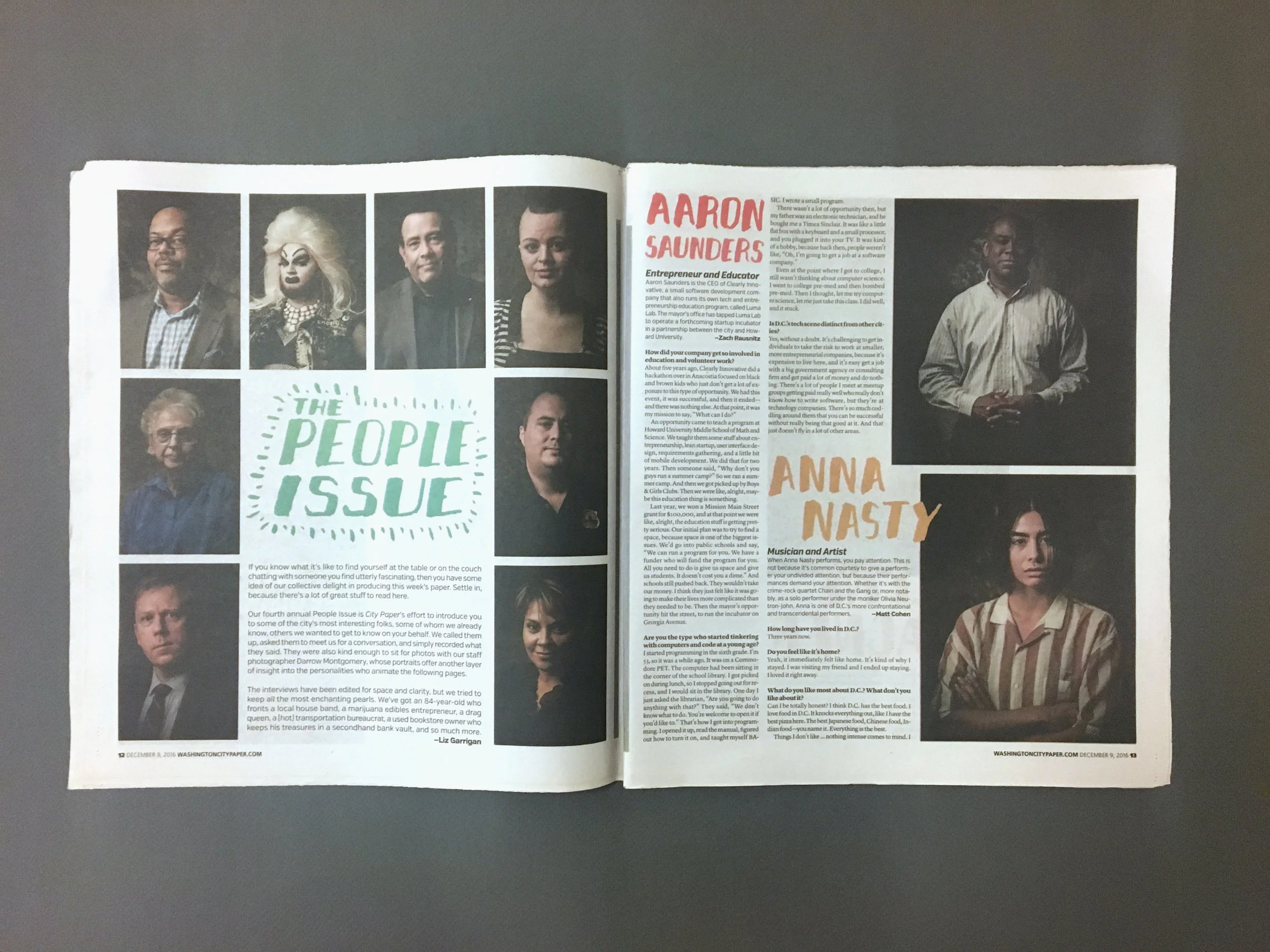 The People Issue: Conversations with 23 of D.C.’s Most Interesting People, Washington City Paper Hand painted typography and page design