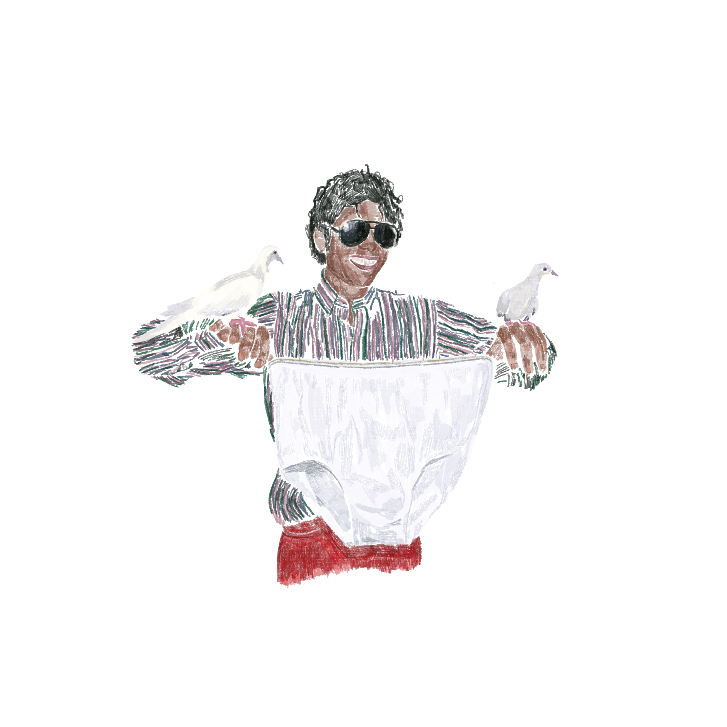 This is Michael Jackson with some Pigeons and a large pair of underwear