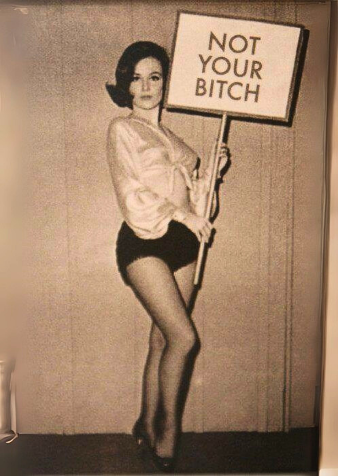 A woman in lingerie and fishnet stockings holding a sign that reads "Not Your Bitch".