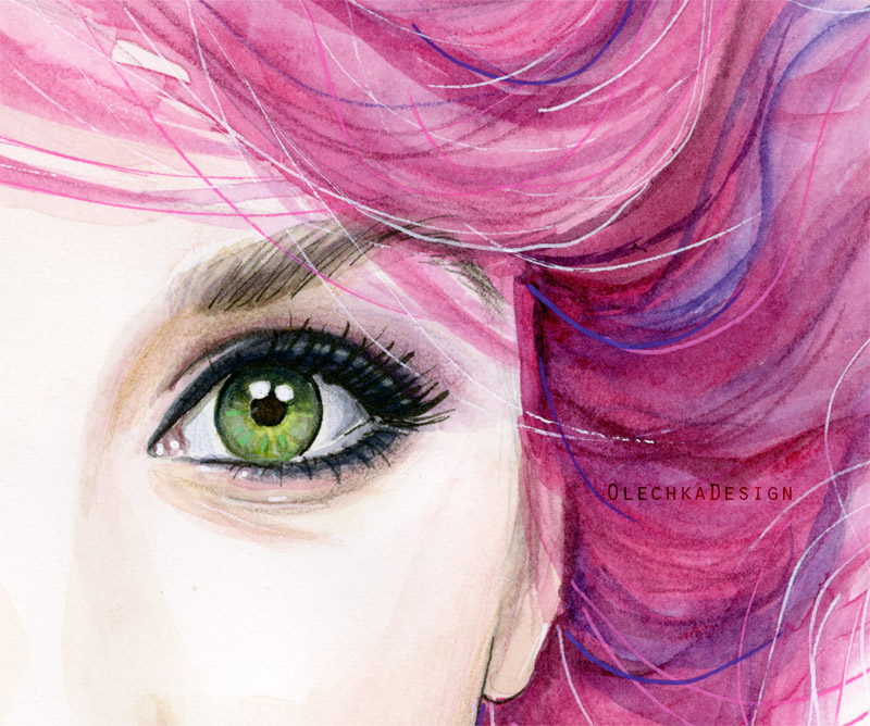 Pink Hair Green Eyes Watercolor