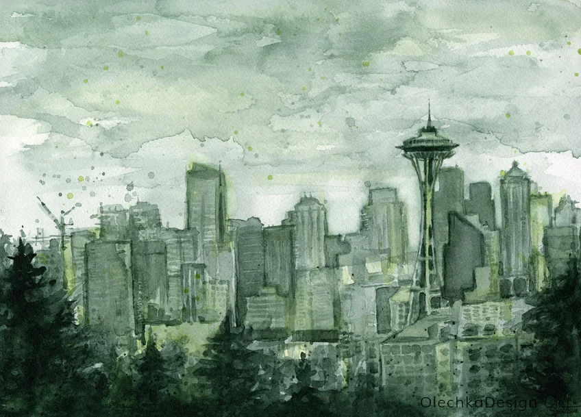 Seattle Skyline Watercolor Space Needle