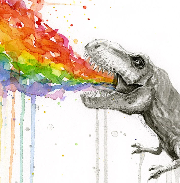 t-rex watercolor rainbow