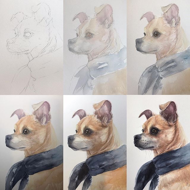 Here are some #workinprogressart pics.
She&rsquo;s Chug (Chihuahua/Pug mix) 🐶 Materials: Daniel Smith watercolors, Escoda brushes, on Canson Moulin Du Roy grain fin watercolor paper, and a white Faber-Castel polychromos pencil for a few details.
.
.