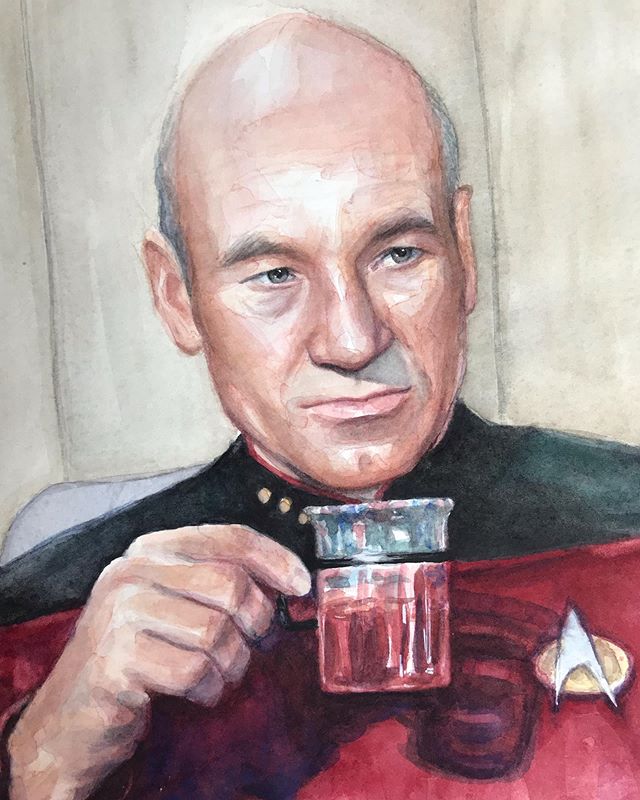 Tea, Earl Grey, HAWT ☕️ @sirpatstew .
.
.
.
#picard #captainpicard #startrek #startrektng #teaearlgreyhot #watercolor #painting #sirpatrickstewart #patrickstewart #watercolorportrait #illustration #startrekart #olechkadesign #watercolor_art #watercol