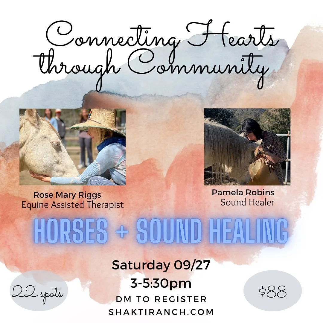 CONNECTING HEARTS WITHIN COMMUNITY 
HORSES + SOUND HEALING at Shakti Ranch 🐴💜

SATURDAY, SEPTEMBER 27
Time: 3:00 PM -5:30 PM

Come enjoy the afternoon up on mountain with Pamela Robins and Rose Mary Riggs where the magic is REAL!
This journey is fo