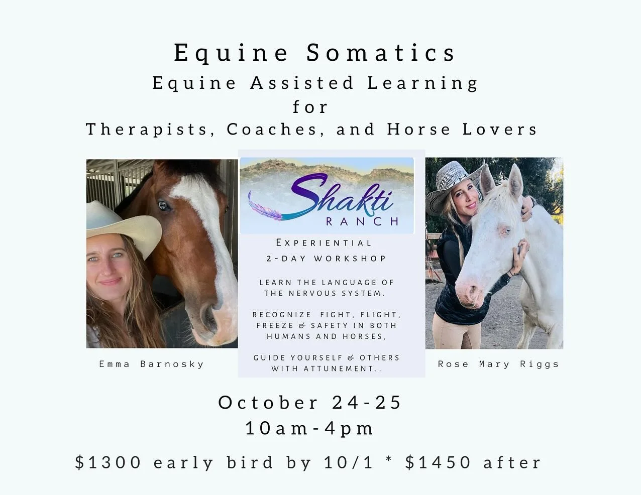 Equine Somatics Workshop 10/24-10/25

2-day Experiential Learning with Horses 🐴 
10am-4pm each day w/lunch provided 💚

$1300 early bird by 10/1 🐦 ($1450 after)
Link in Bio or DM to Register 

Equine Assisted Learning for therapists, coaches, and h