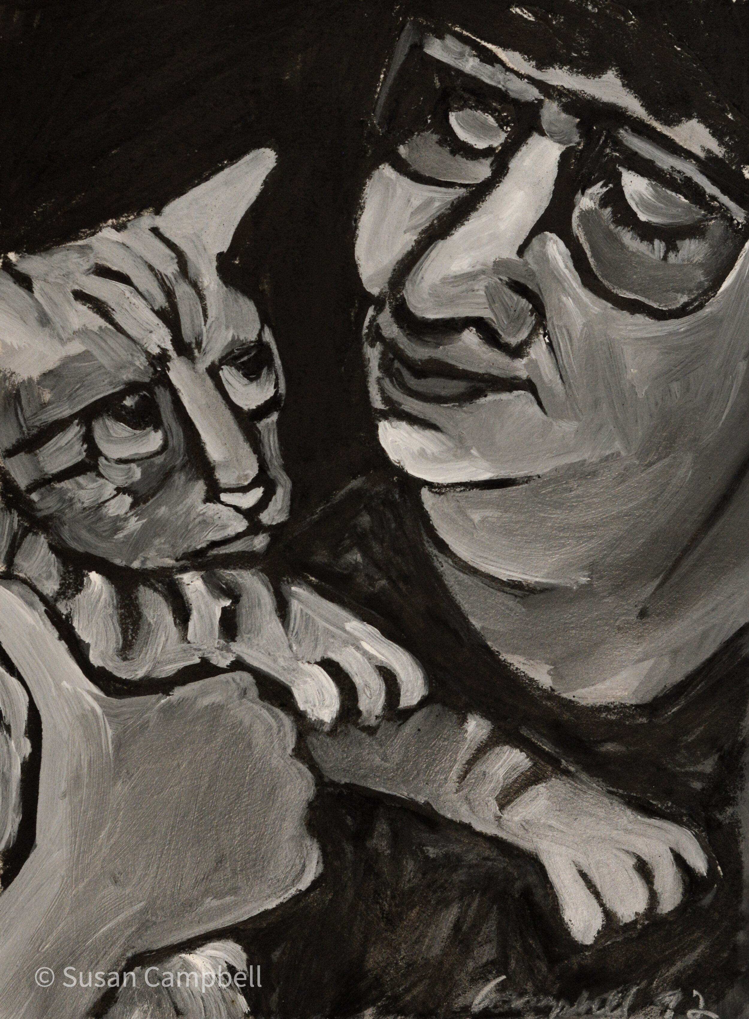 LADY FACE, GLASSES, CAT, LOOKING AT EACH OTHER