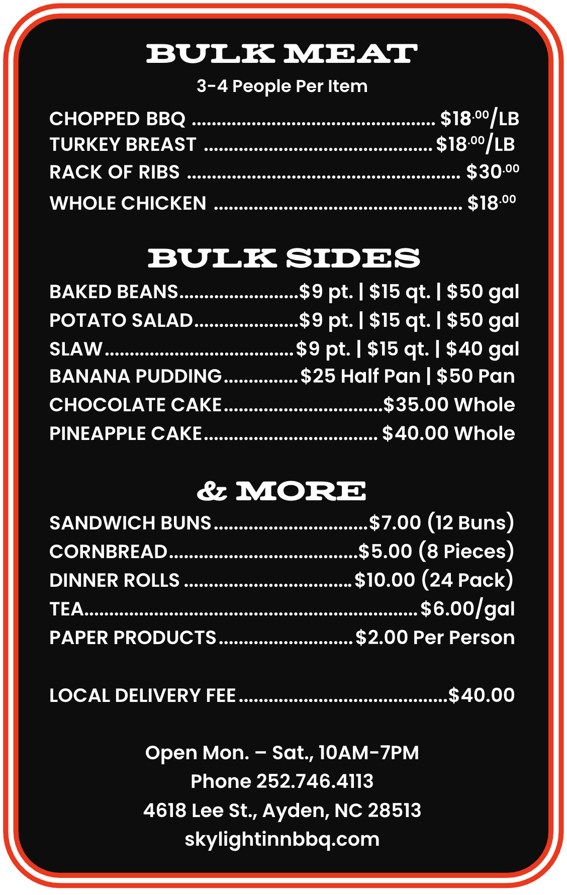 Skylight Inn Catering Menu with pricing for bulk meats, bulk sides, and more.