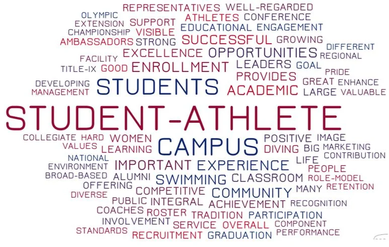 This word cloud represents administrators’ most-frequently used terms when describing the impact and value of swimming & diving on their campus