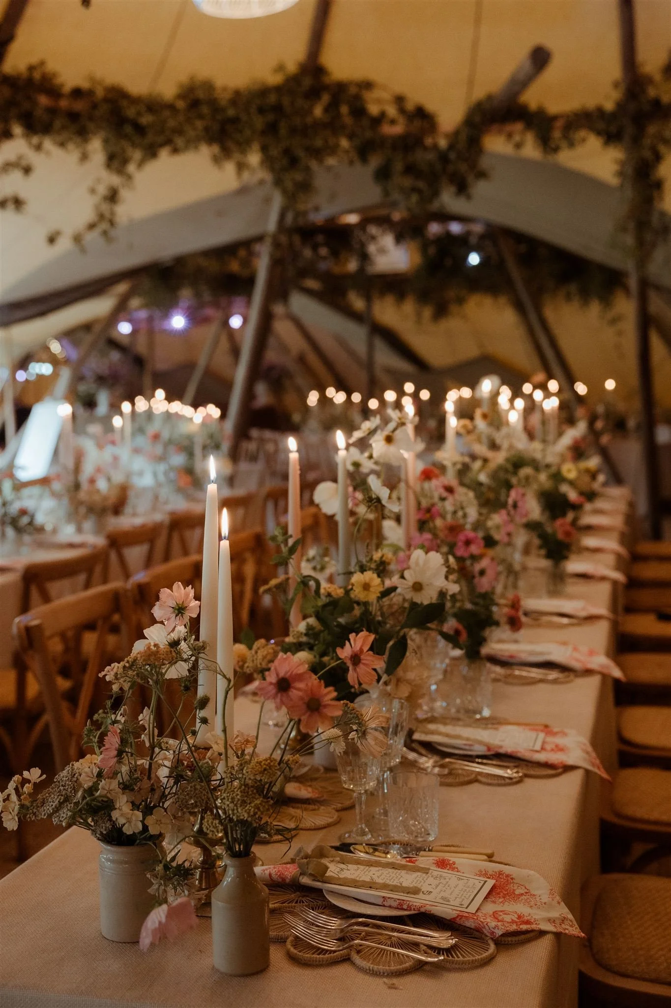 Candle lit dinner set up for wedding reception in Surrey