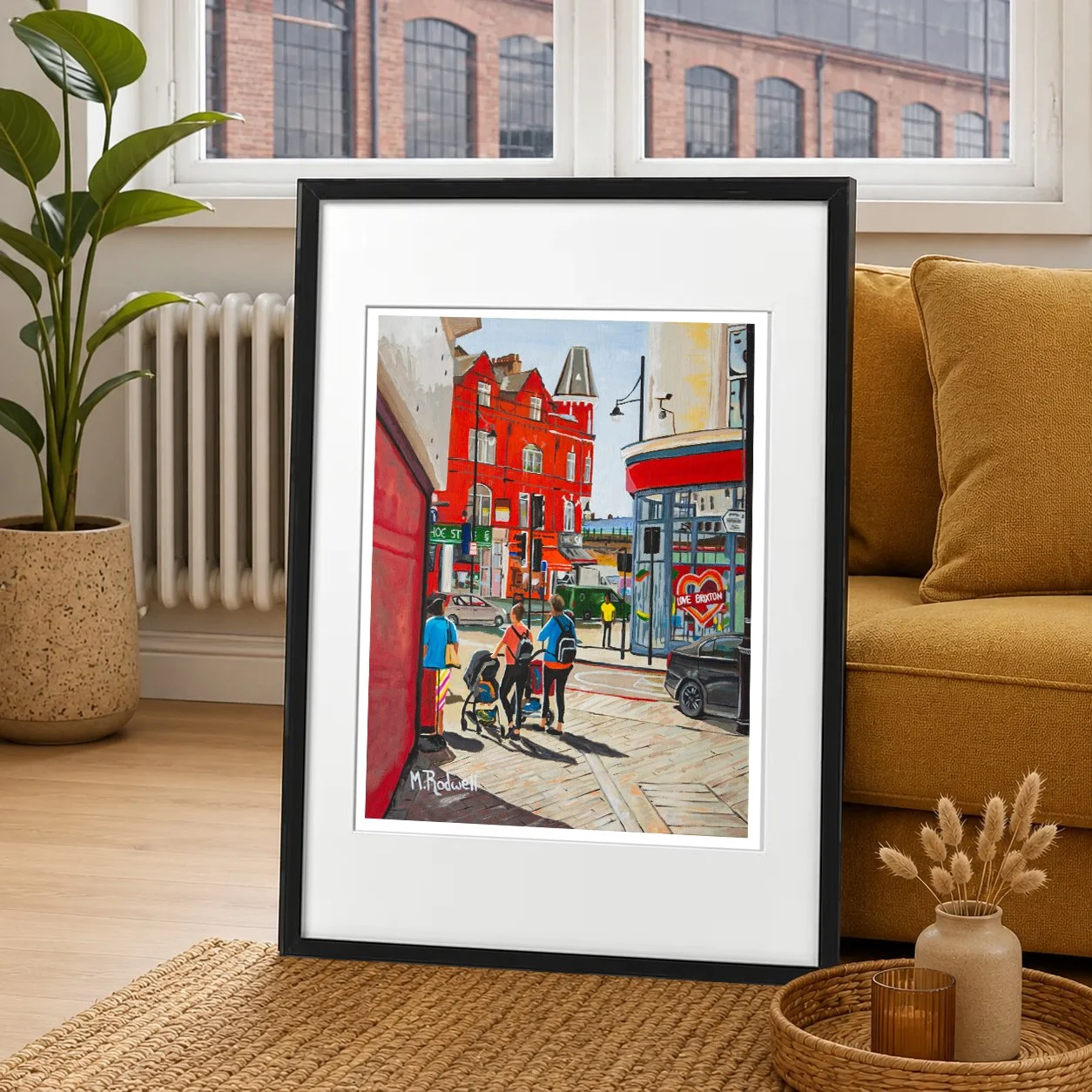 Brixton Print ladies walking prams in the high street.  painting by magnus rodwell