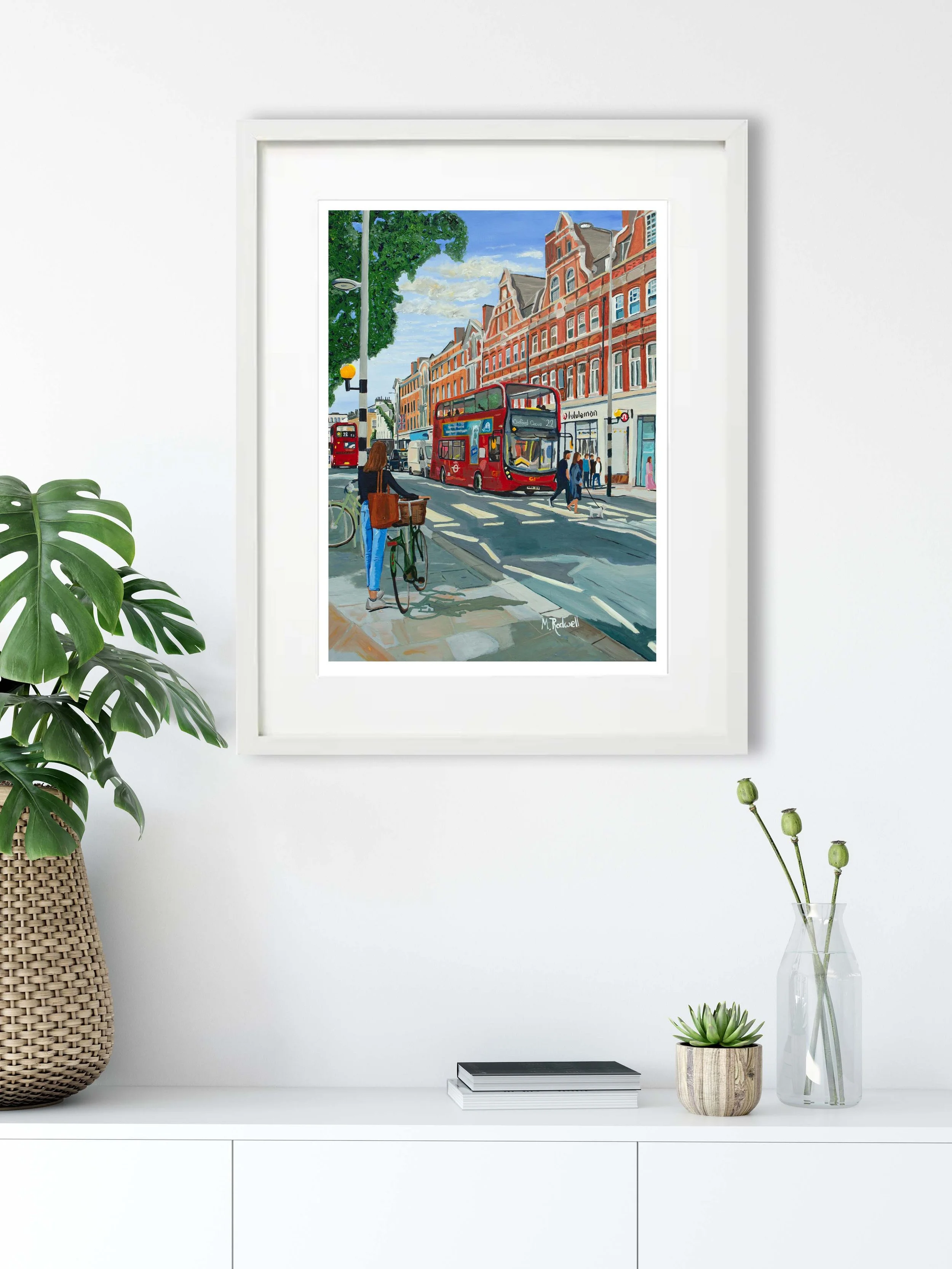 Woman walks bicycle along Kings Road Chelsea Painted with Acrylic in Bright Colours