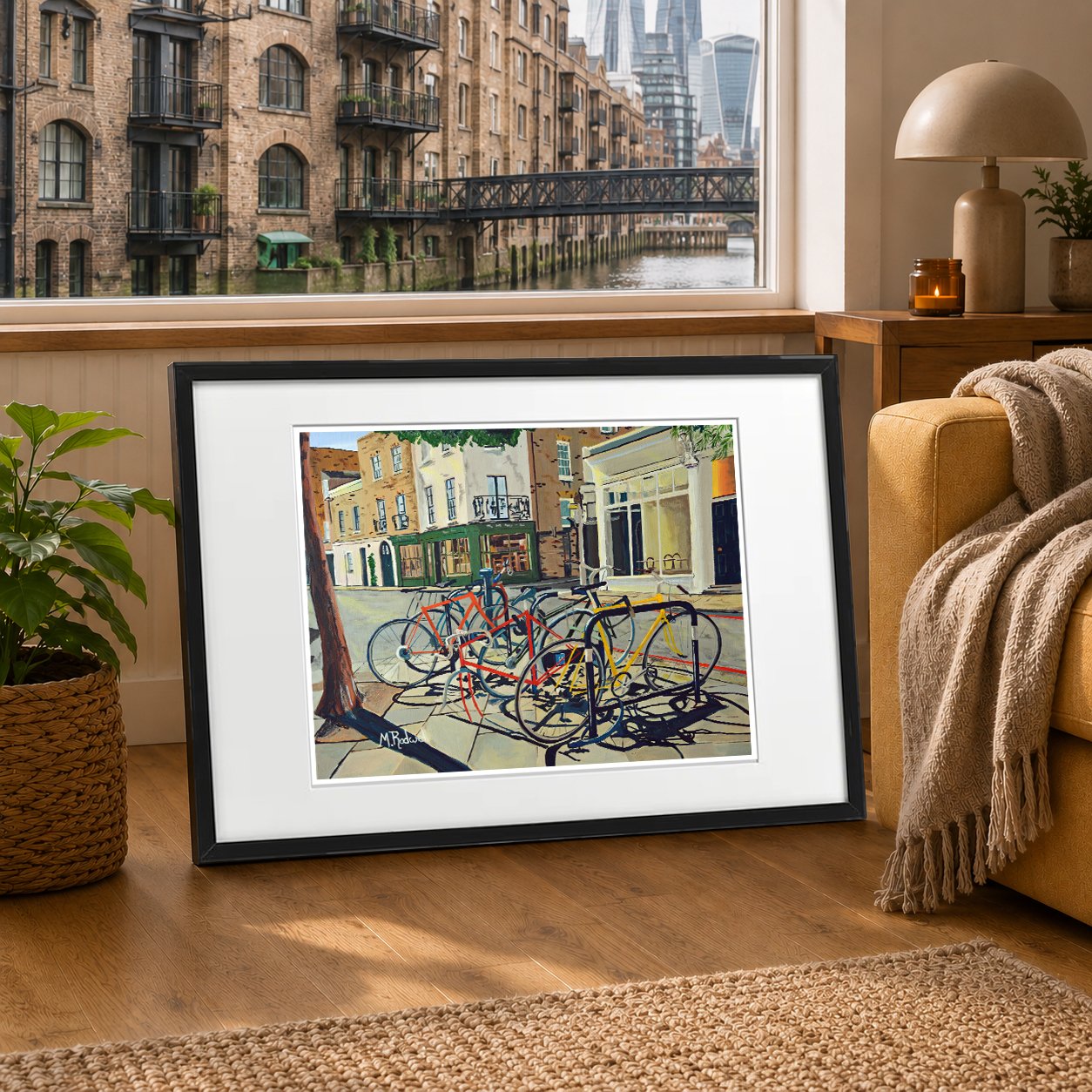 Colour Illustration of Camberwell Side Street with Bicycles and shop fronts in the distance.