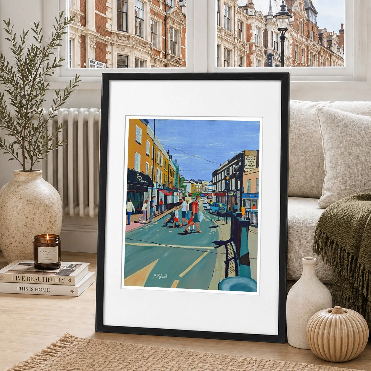Colour illustration of Blackheath Village with people crossing the high street