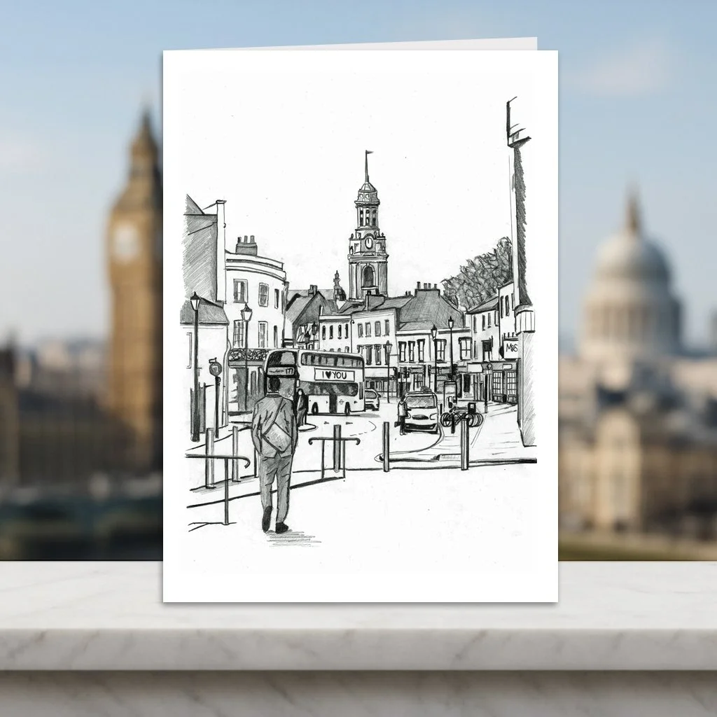 Greenwich London Greeting Card Pencil Illustration of High Street