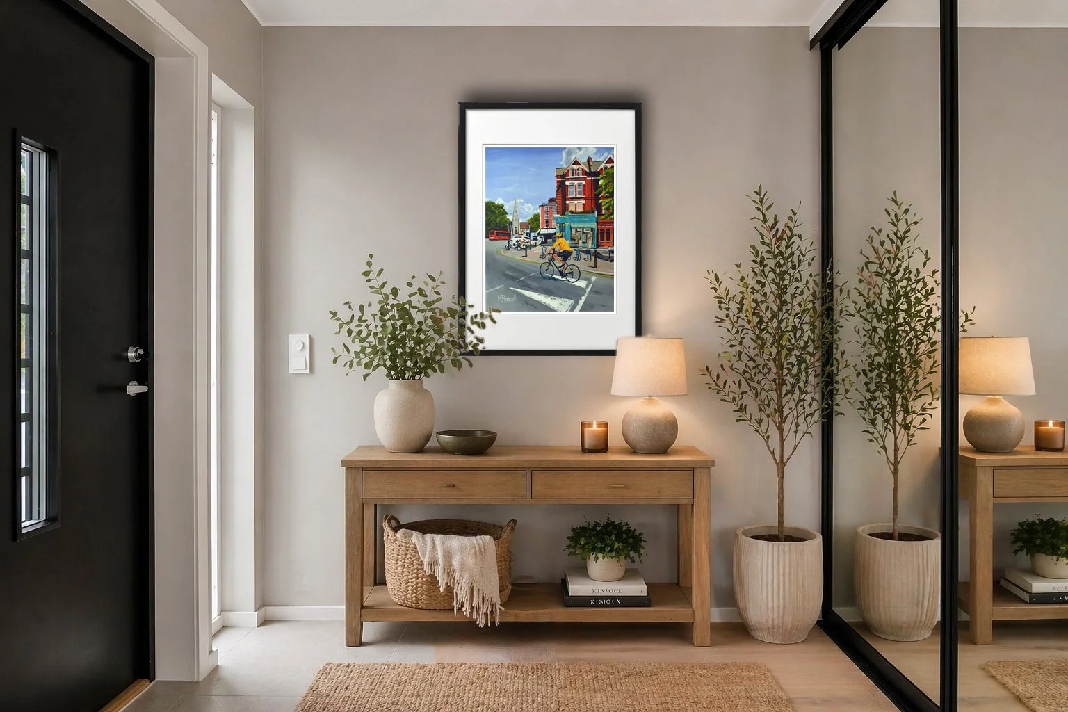 Front door entrance hallway,  Artwork showcasing Blackheath.  Beneath artwork console table and tree in the hallway.