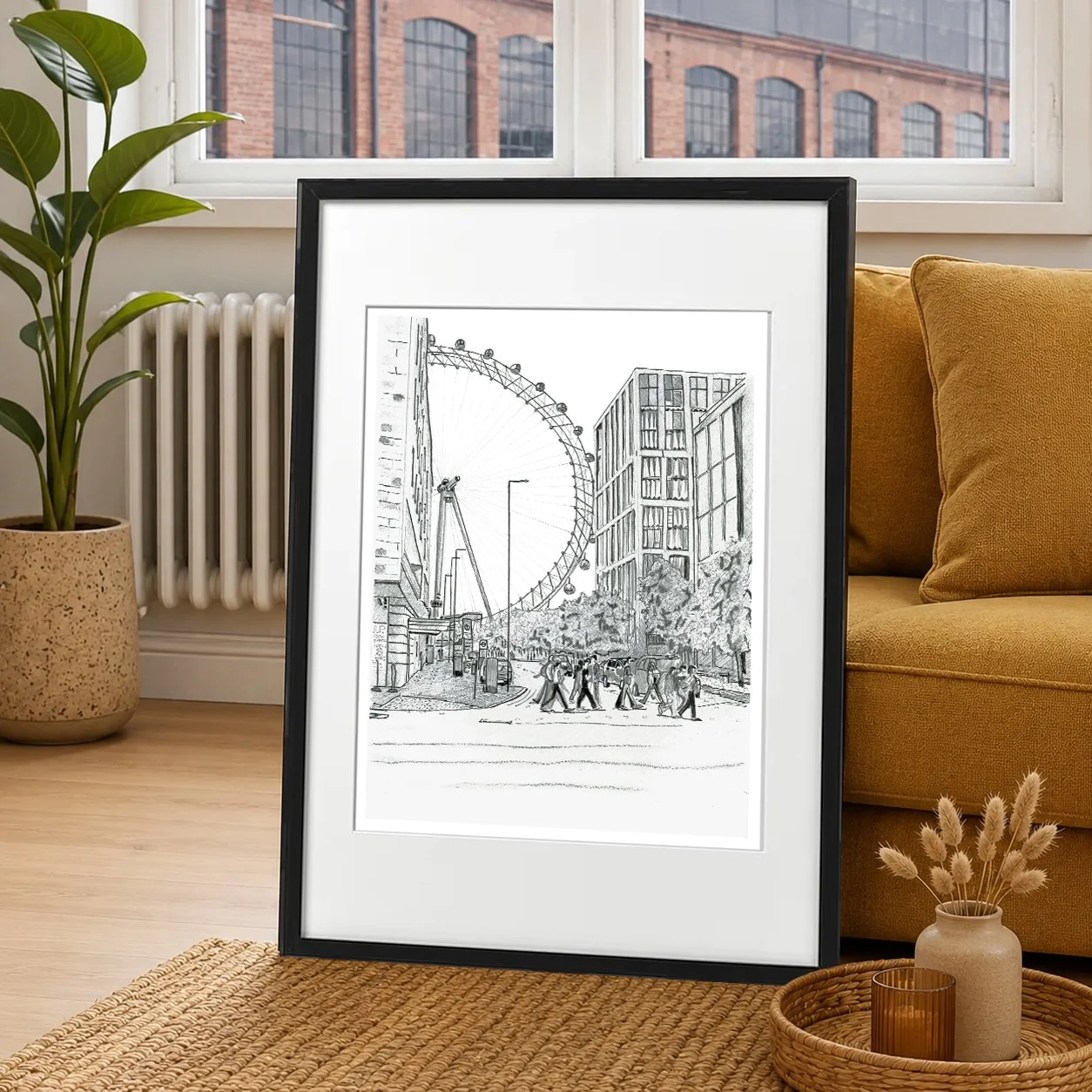 London Eye Pencil Drawing of the Eye.. Tourists Passing on Street