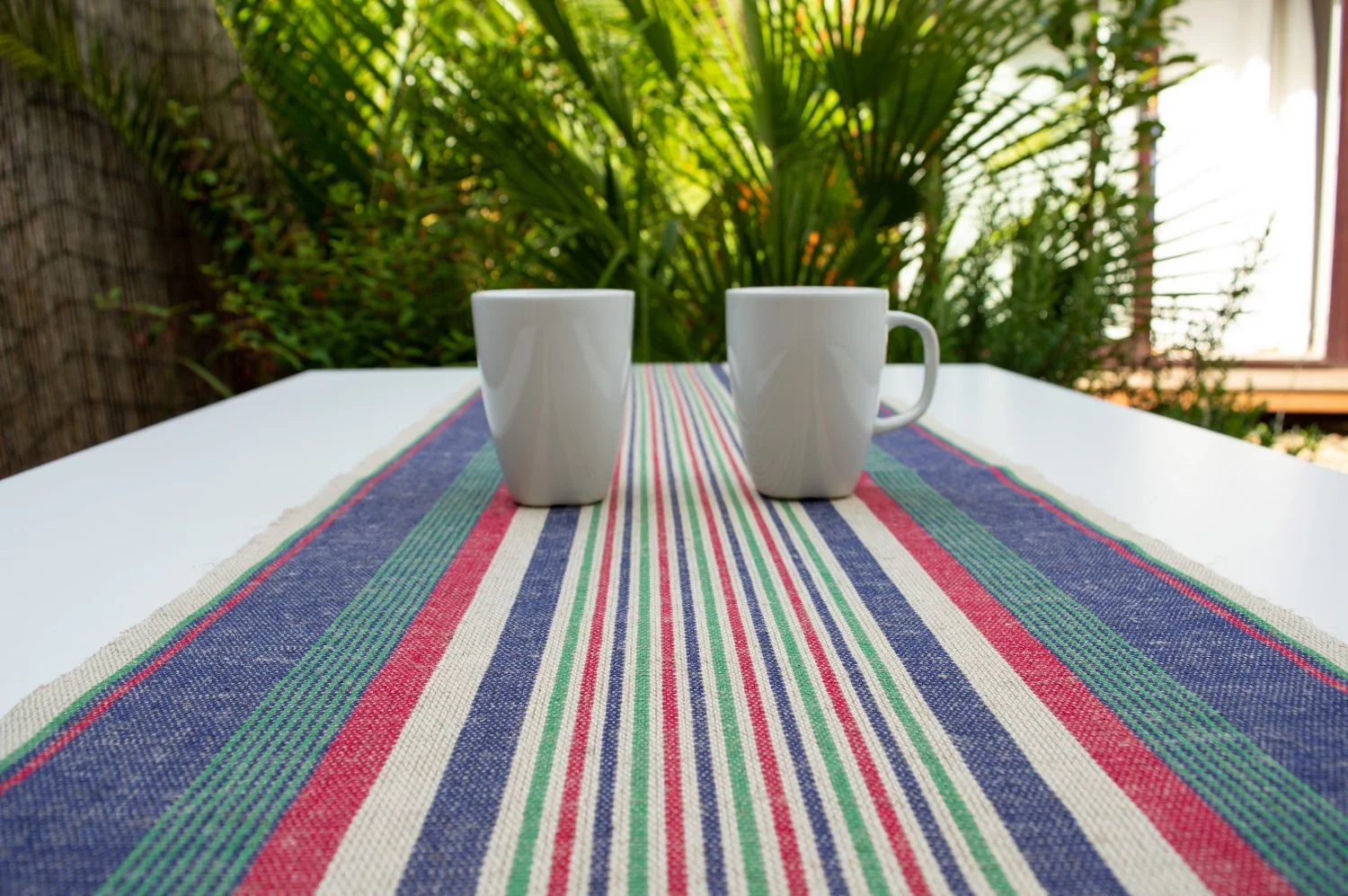 modern table runner | blue | blue red green stripe | table | handwoven | by Inger