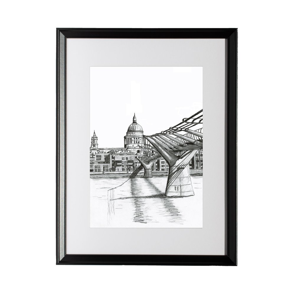 st pauls print | pencil drawing | millennium bridge | city london | thames | framed print | rodwell prints