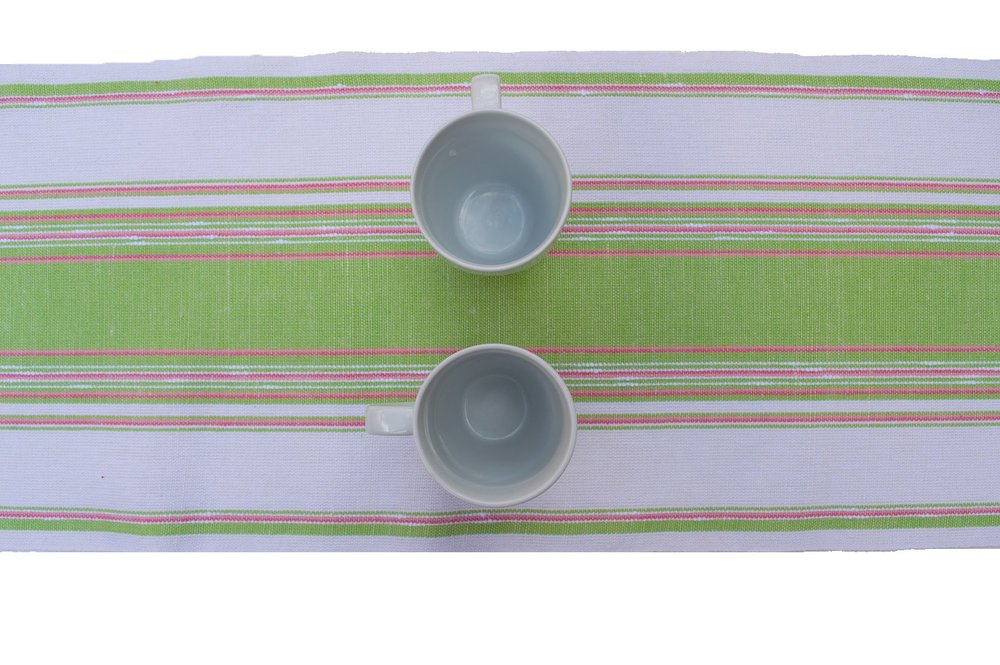 table runner | green white  pink stripe | undulat | table | handwoven | handmade by Inger | made in england