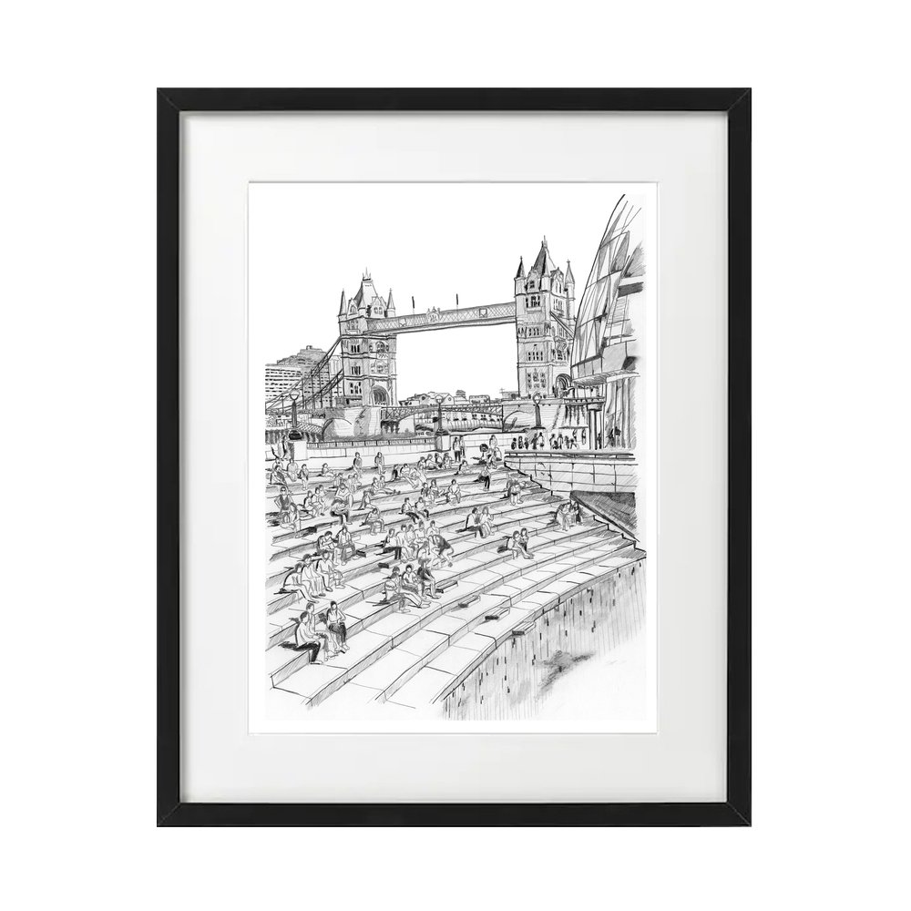 black and white pencil drawing tower bridge framed