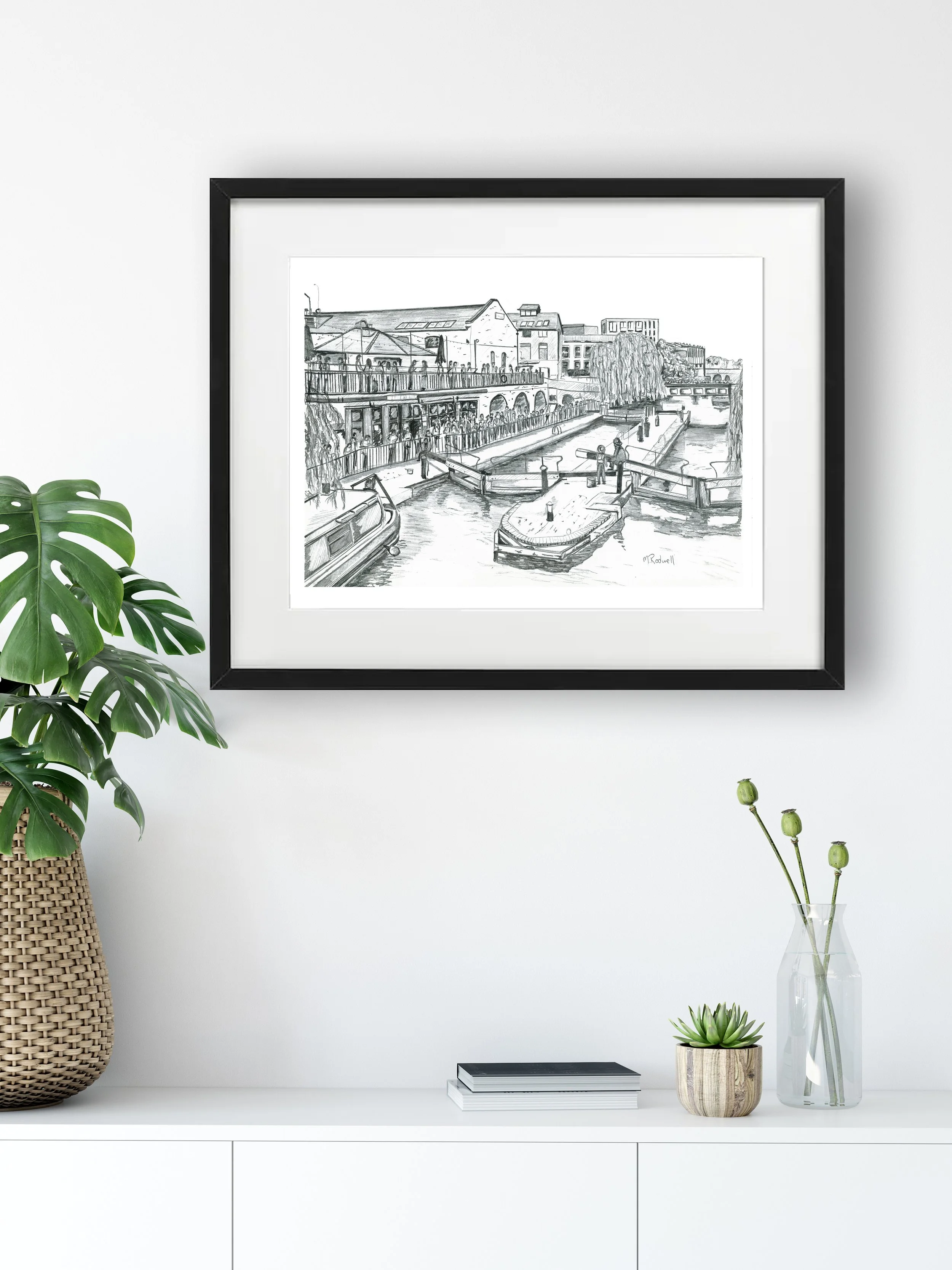 Camden Canal Pencil Print Framed