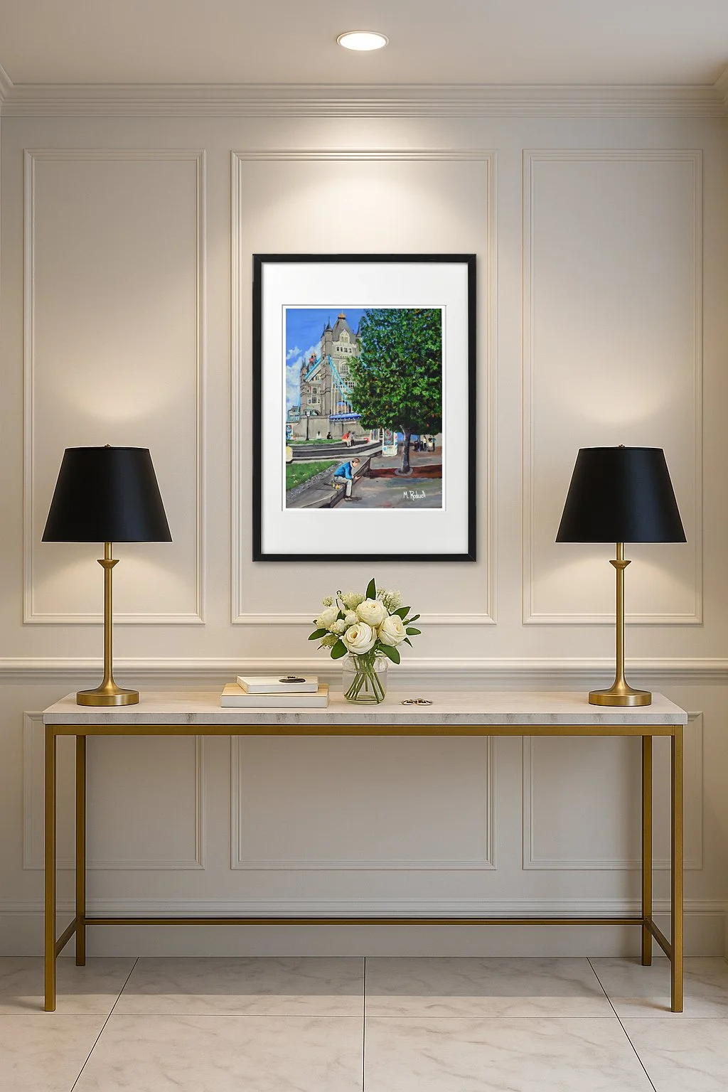 Tower Bridge Lover Man Art Print Displayed by Console Table