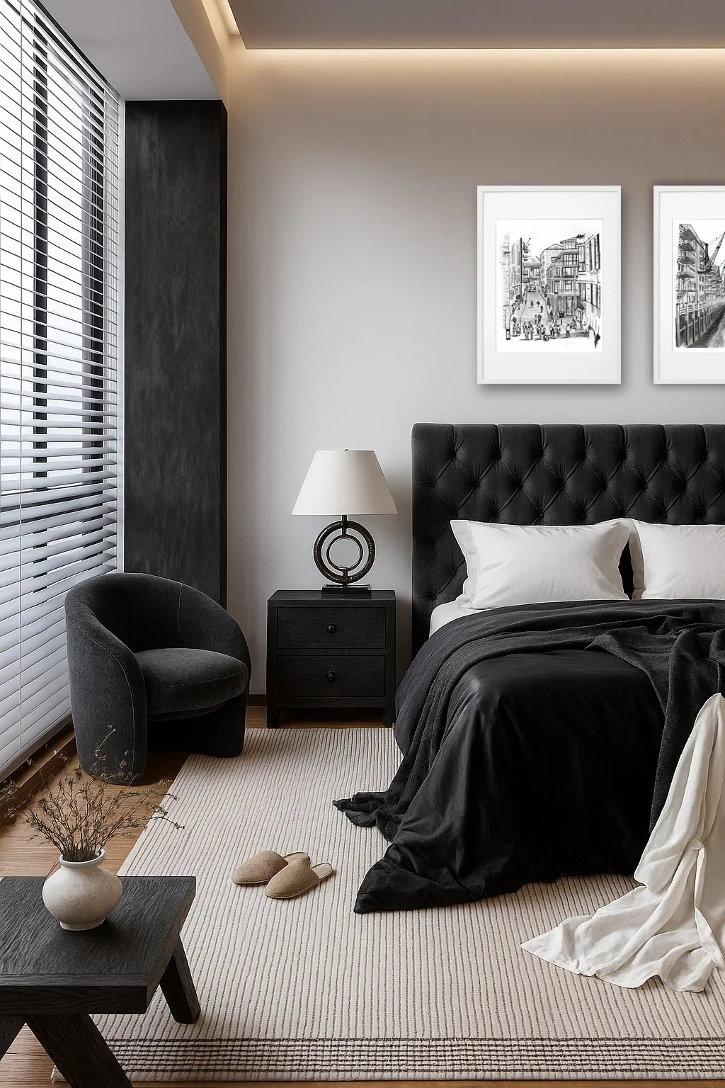 Elegant Gothic Bedroom with Black and White Pencil Prints