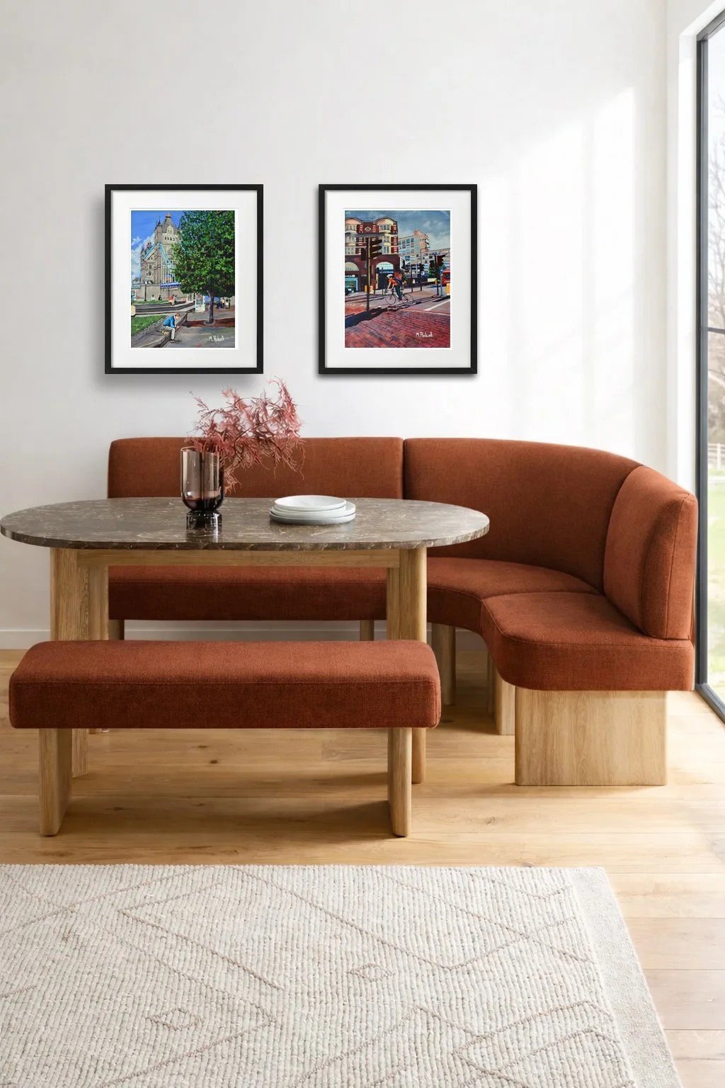 Modern dining room setting with London Prints by M.Rodwell