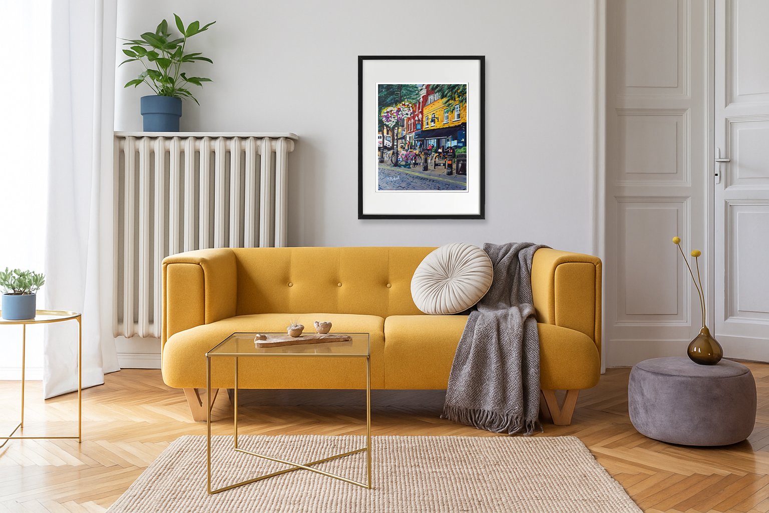 Battersea Square London Print, Yellow Oche Sofa, Livingroom ideas
