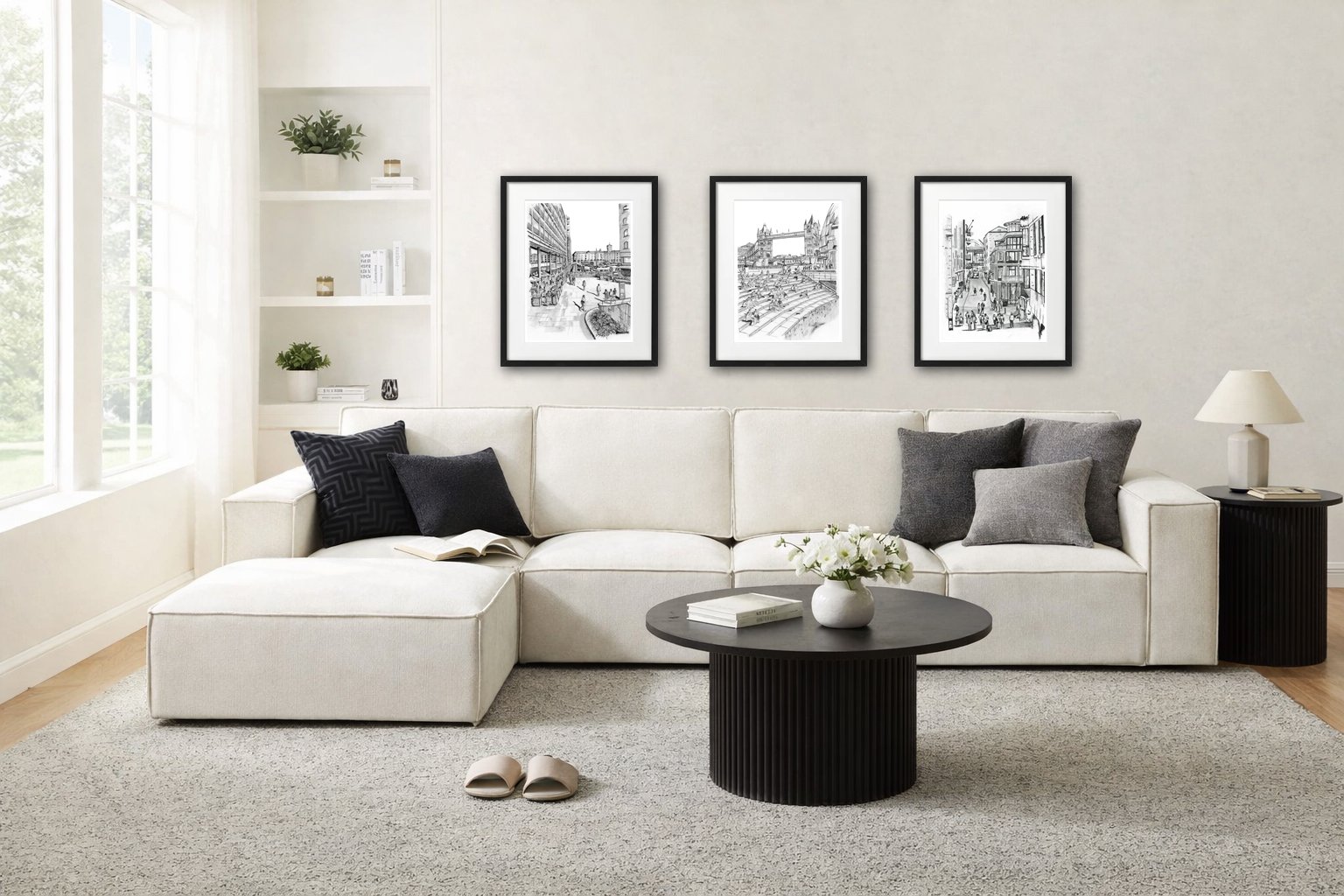 London Prints displayed with Beige Sofa Livingroom Theme