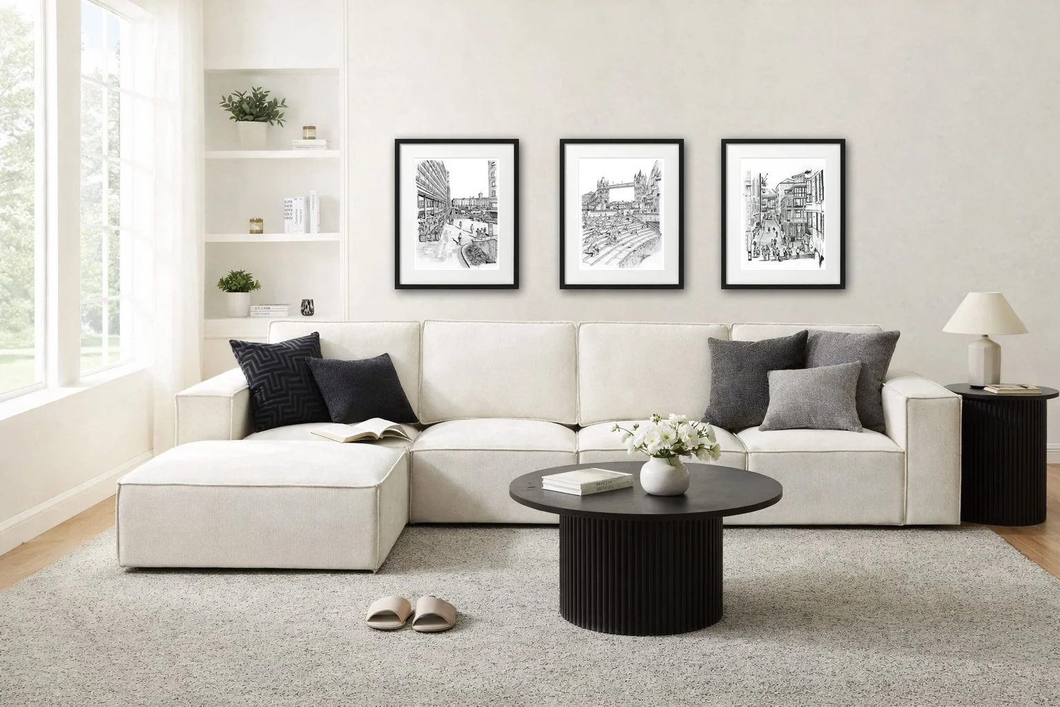 Beige Sofa displaying black and white prints