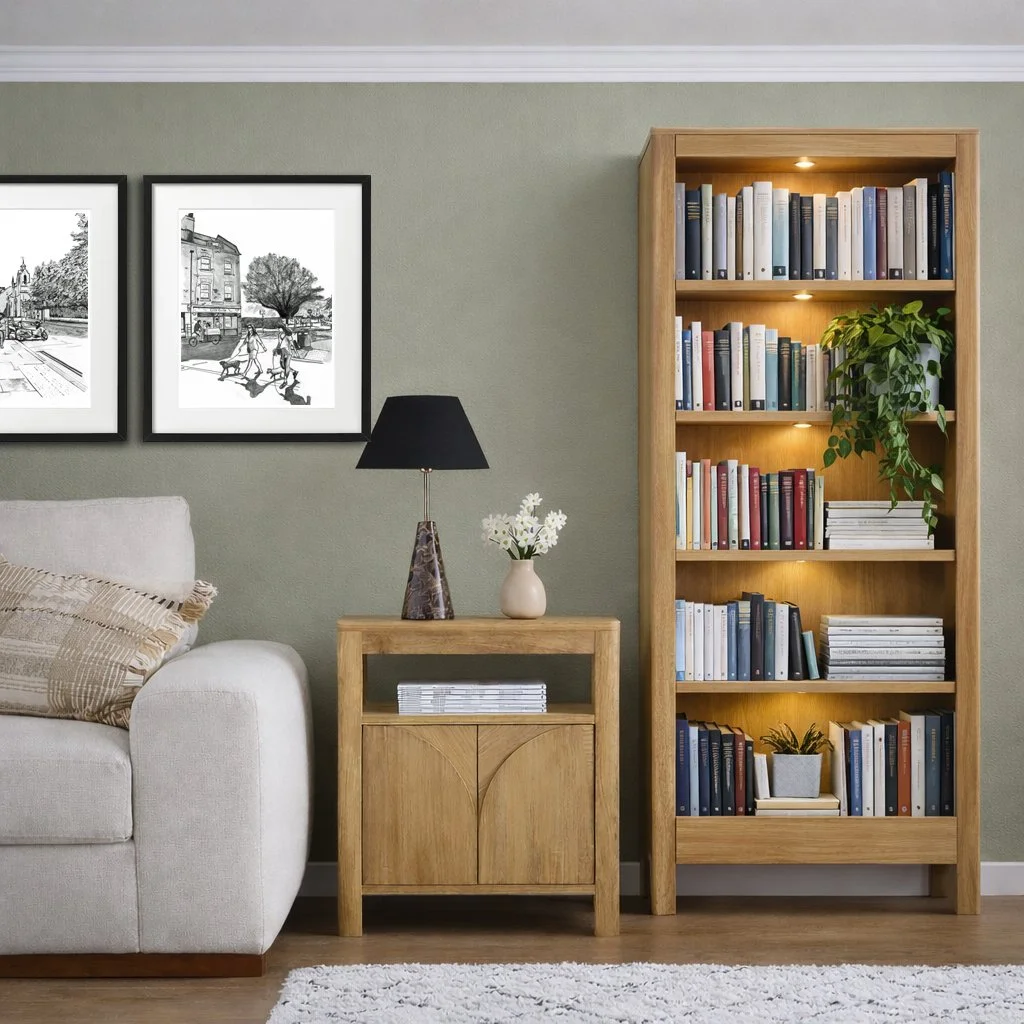 Olive coloured interior with London pencil prints of Bermondsey on the wall
