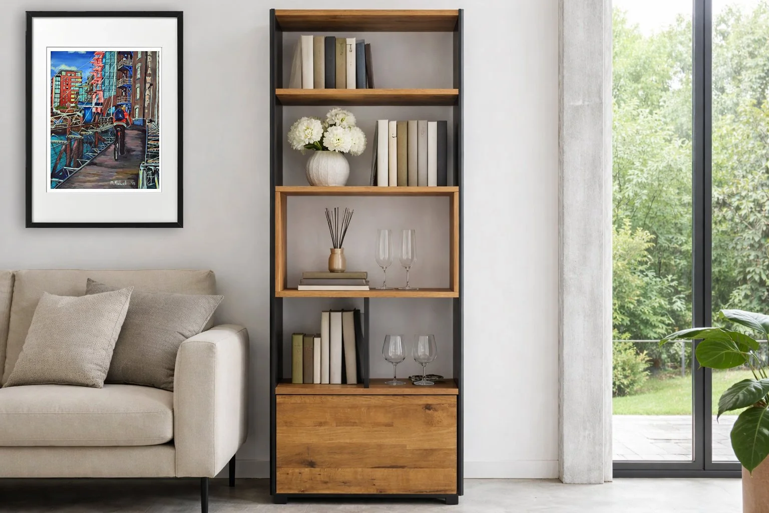 Shelf unit with Concordia Wharf Artwork