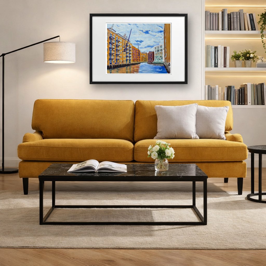 yellow ochre sofa, London St Saviours Dock print for sale