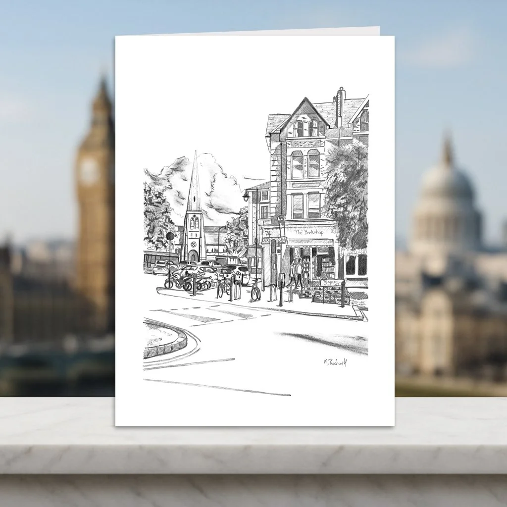 Blackheath Pencil Greeting Card Featuring All Saints Church and the Bookshop