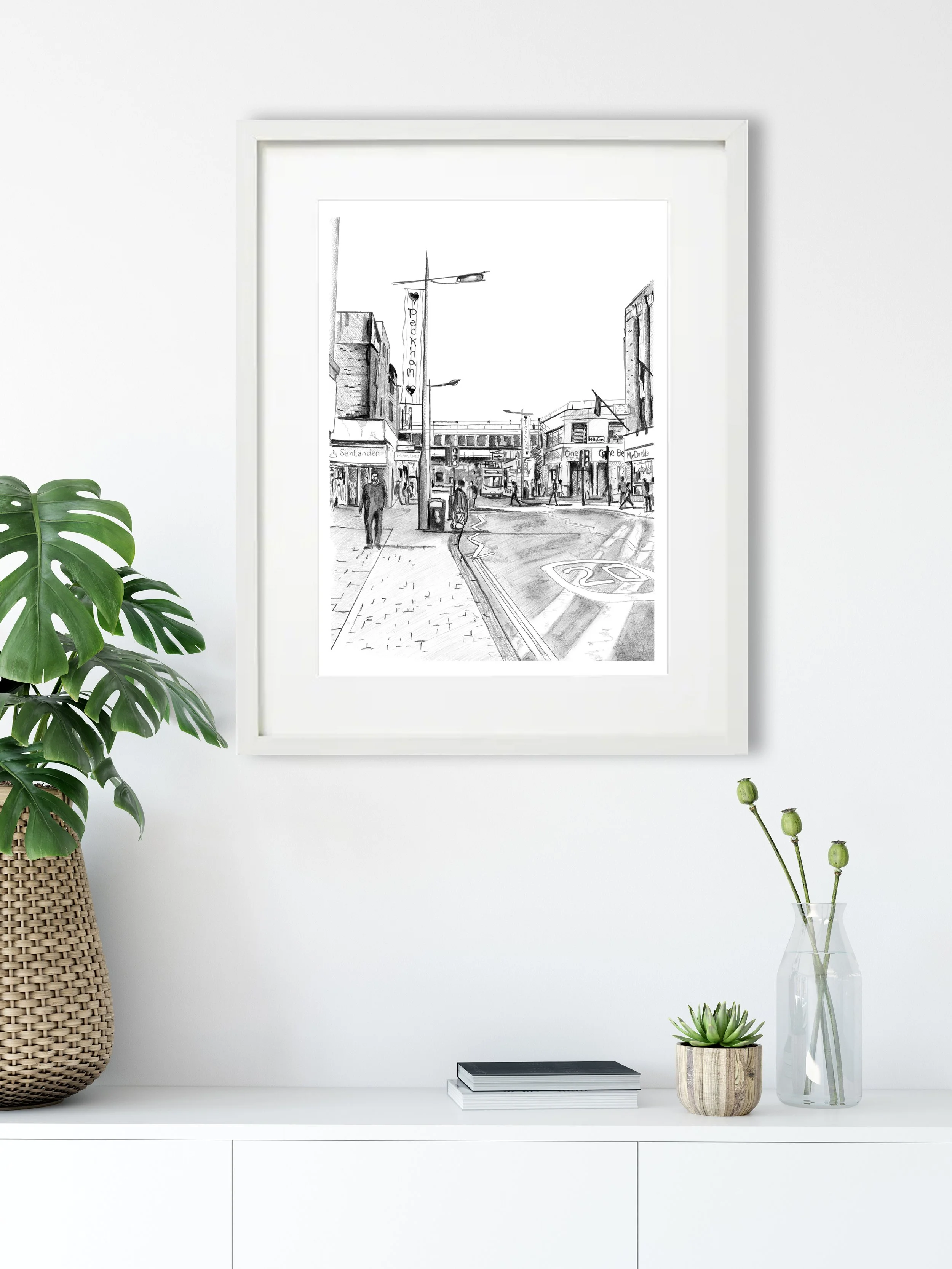 peckham high street impressionist black white drawing white frame.jpg