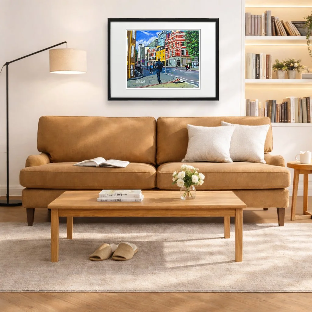 Camel Sofa Interior - Tooley Street London Print Framed on display