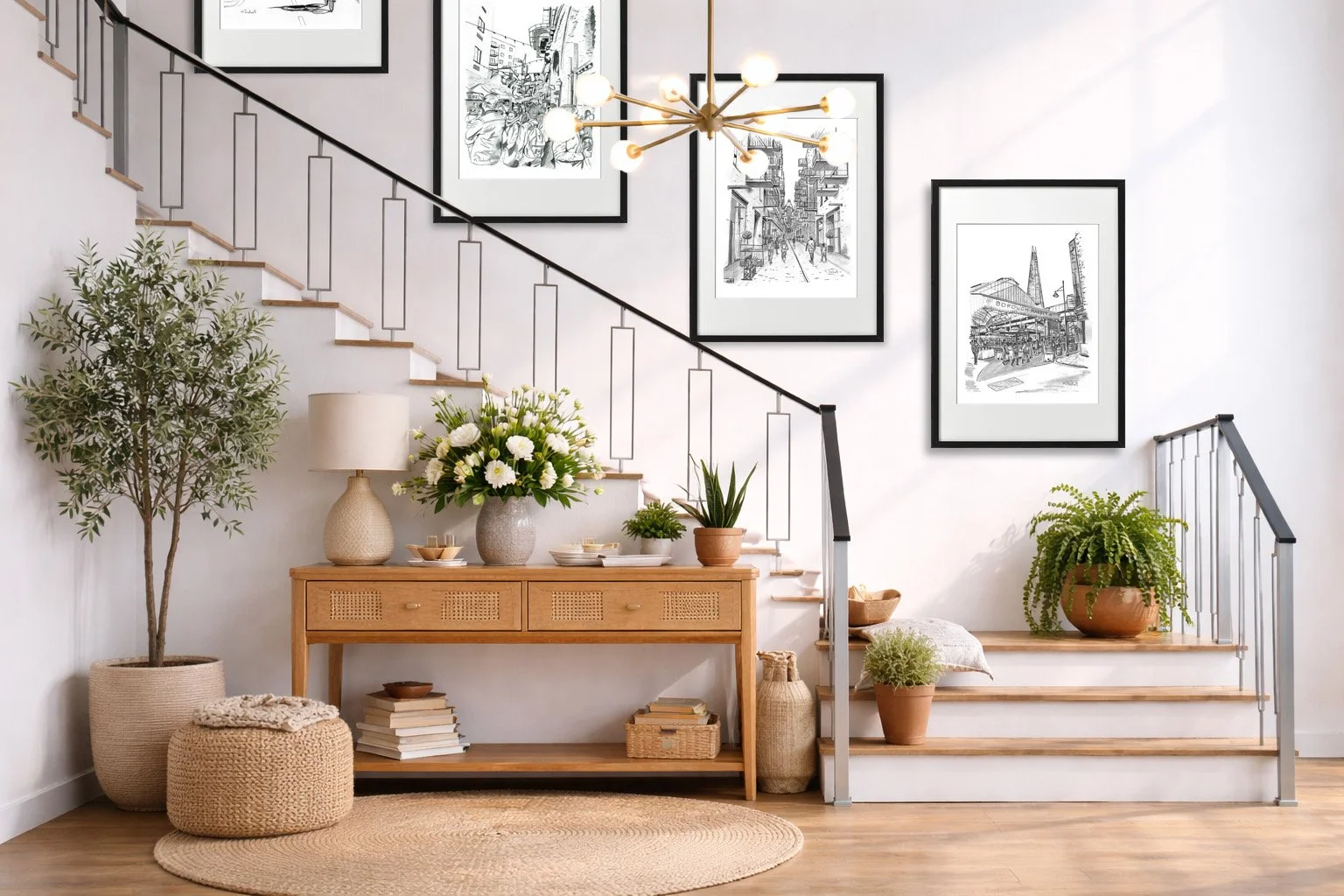 Grand Staircase featuring Pencil Drawings of London.  Modern Home Solutions.