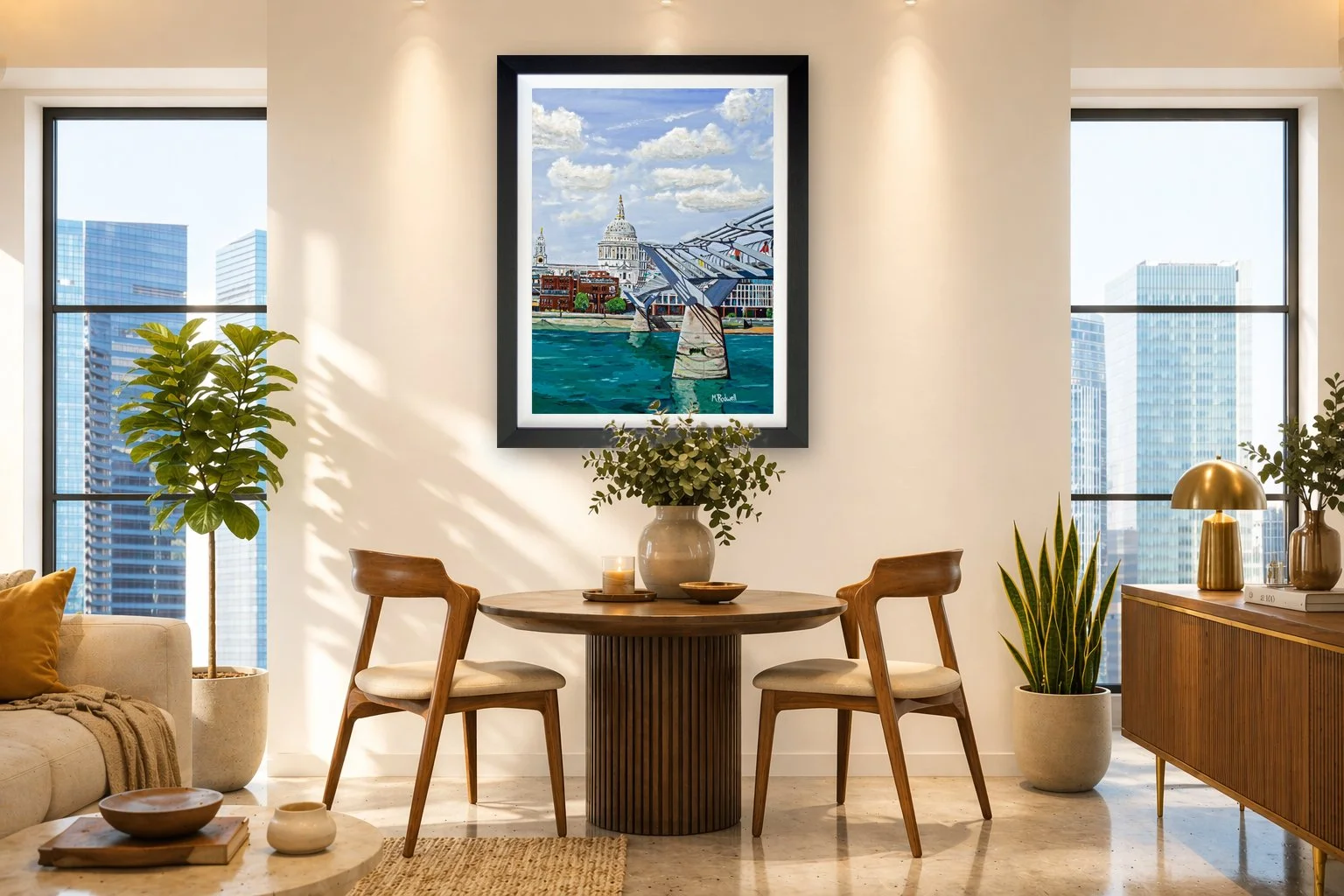 St Pauls Cathedral and Millennium Bridge Original Canvas Painting For Sale